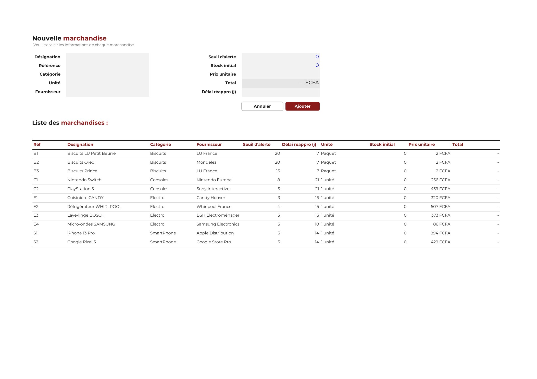 Liste des marchandises
