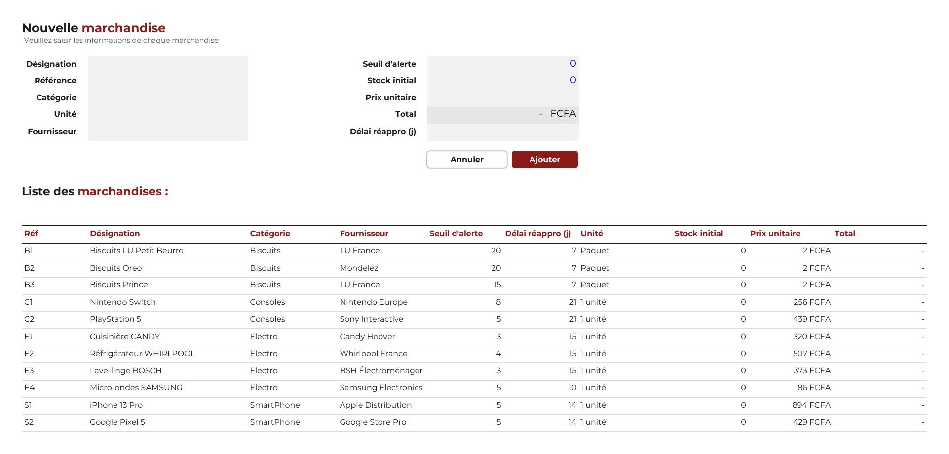 Liste des marchandises
